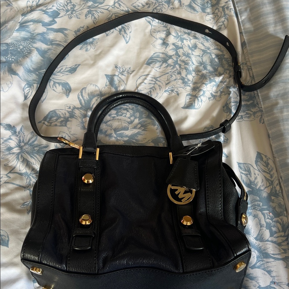 Black Leather Handbag with Gold Accents